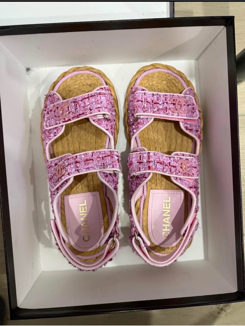 CHANEL Pink Tweed Kids Double-Strap Sandals